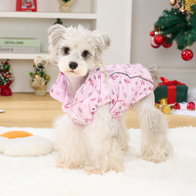 Christmas padded dog vest with reflective trim in Pink, in a home setting