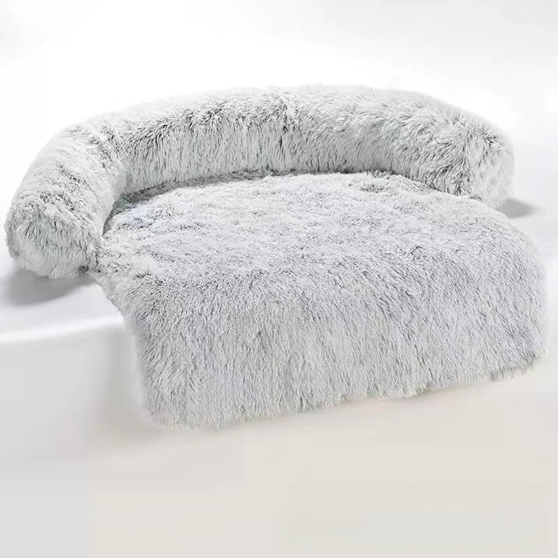 Dark grey long plush curved dog bed with raised sides, photo 36