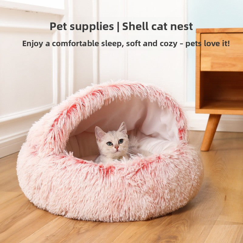 Crystal plush shell cat bed, soft semi enclosed nest, view 1