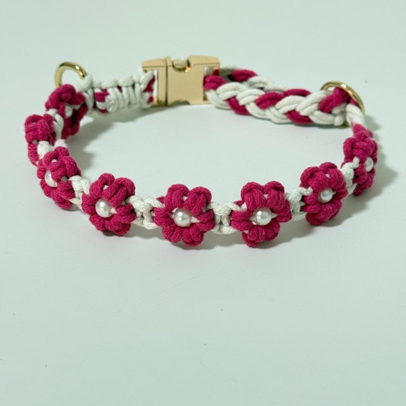 Handmade woven boho pet collar with pearl flowers in Rose Red, close-up detail