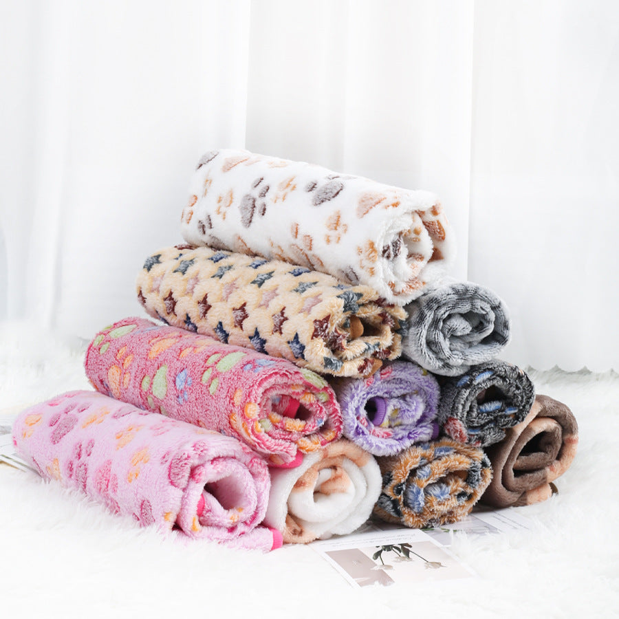 Coral fleece pet blanket with print, shown in 10 colours and styles