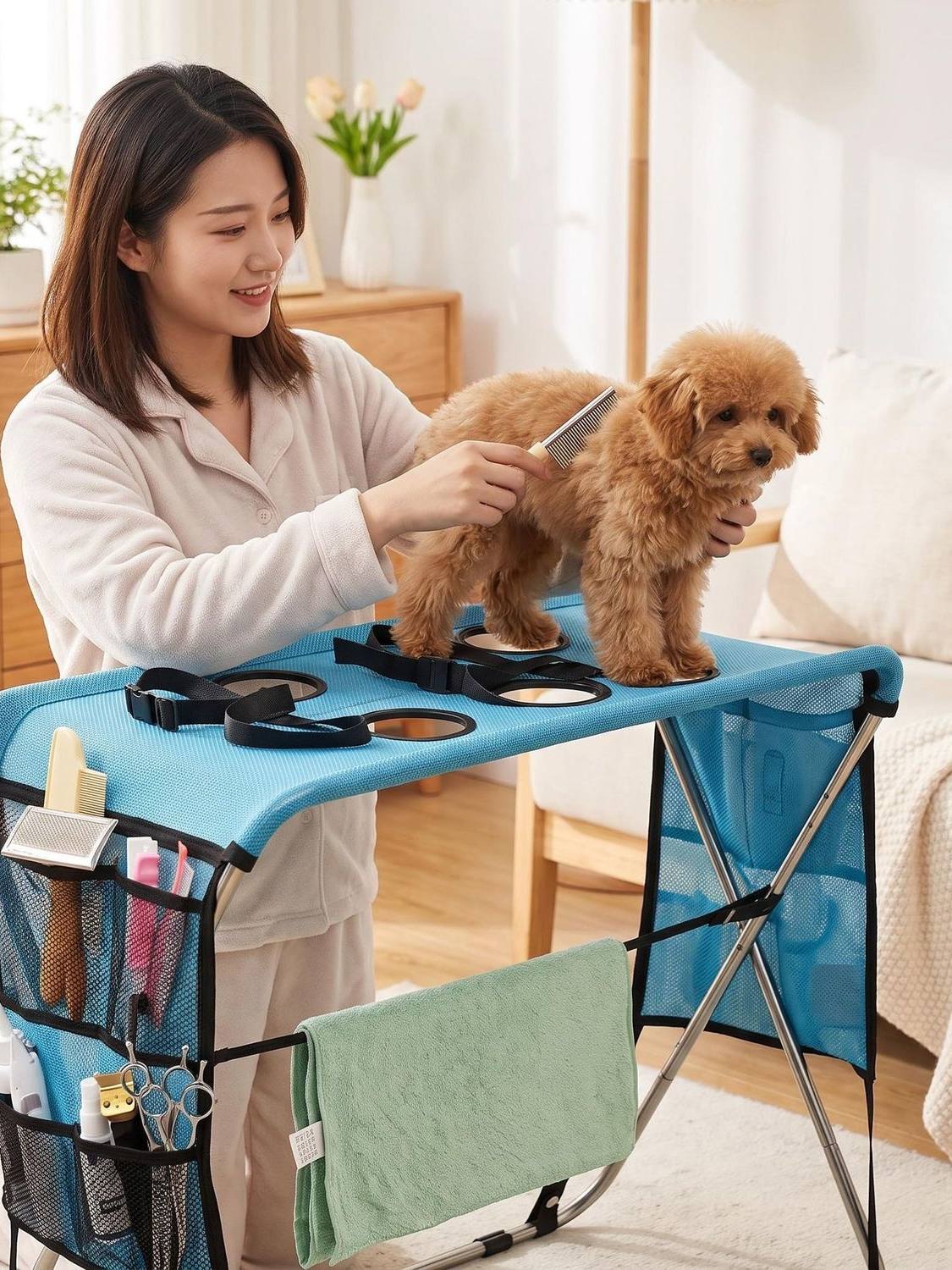 Foldable Dog Grooming Table with Mesh Top and Non-Slip Feet
