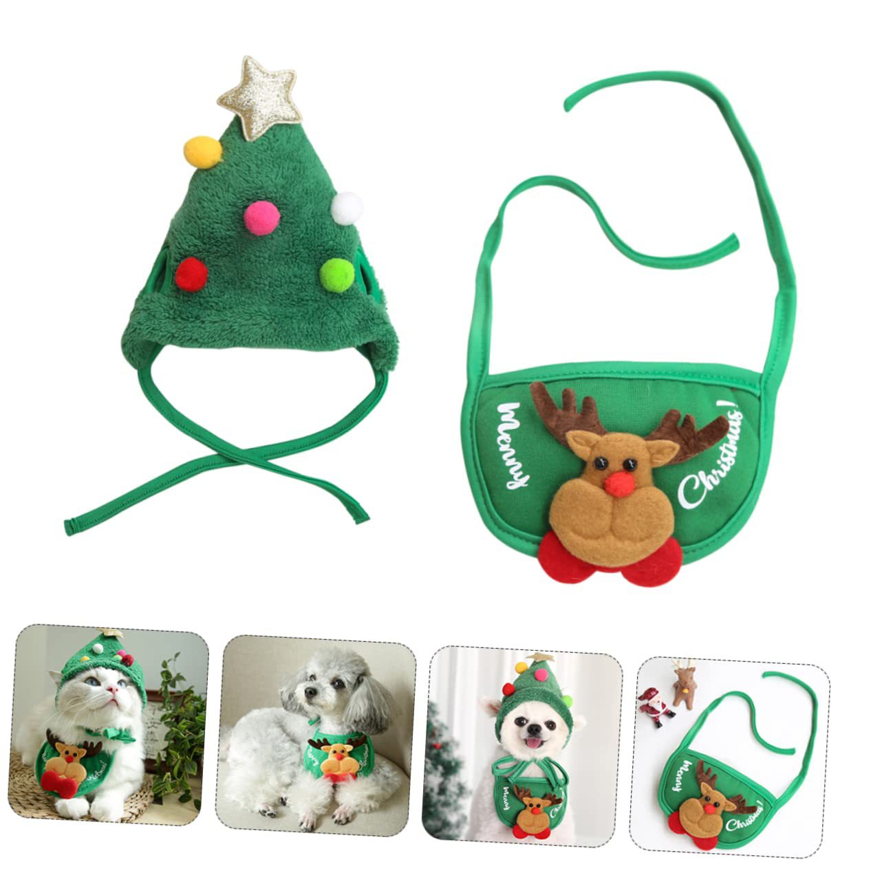 Christmas pet bib and hat for dogs and cats in Green Bib, front view
