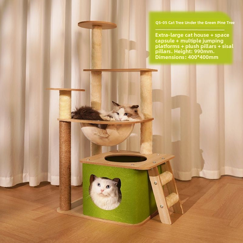 Pine green multi-level cat climbing tower with sleeping pods, photo 9