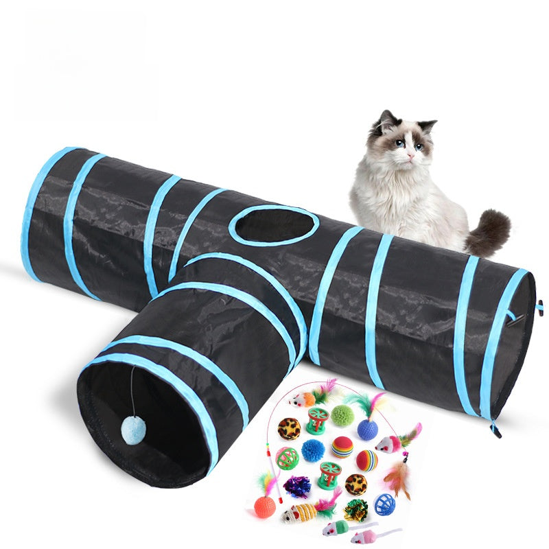 Foldable three-way cat tunnel toy, shown in 6 colours and styles