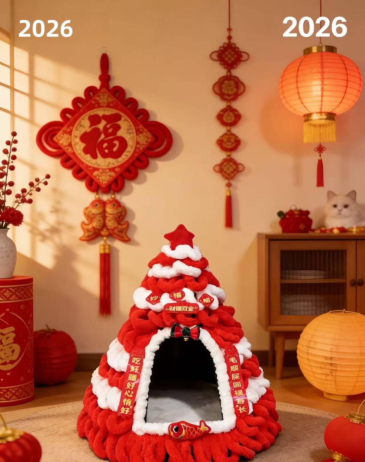 Felt tapered Christmas tree cat nest with hanging toy ball, product image 12