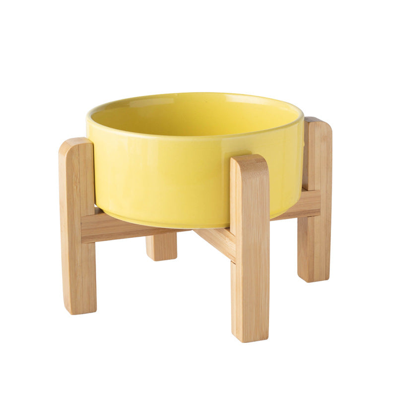 Elevated Ceramic Pet Feeding Bowl with Bamboo Stand, Anti-Spill Base in Five Colours