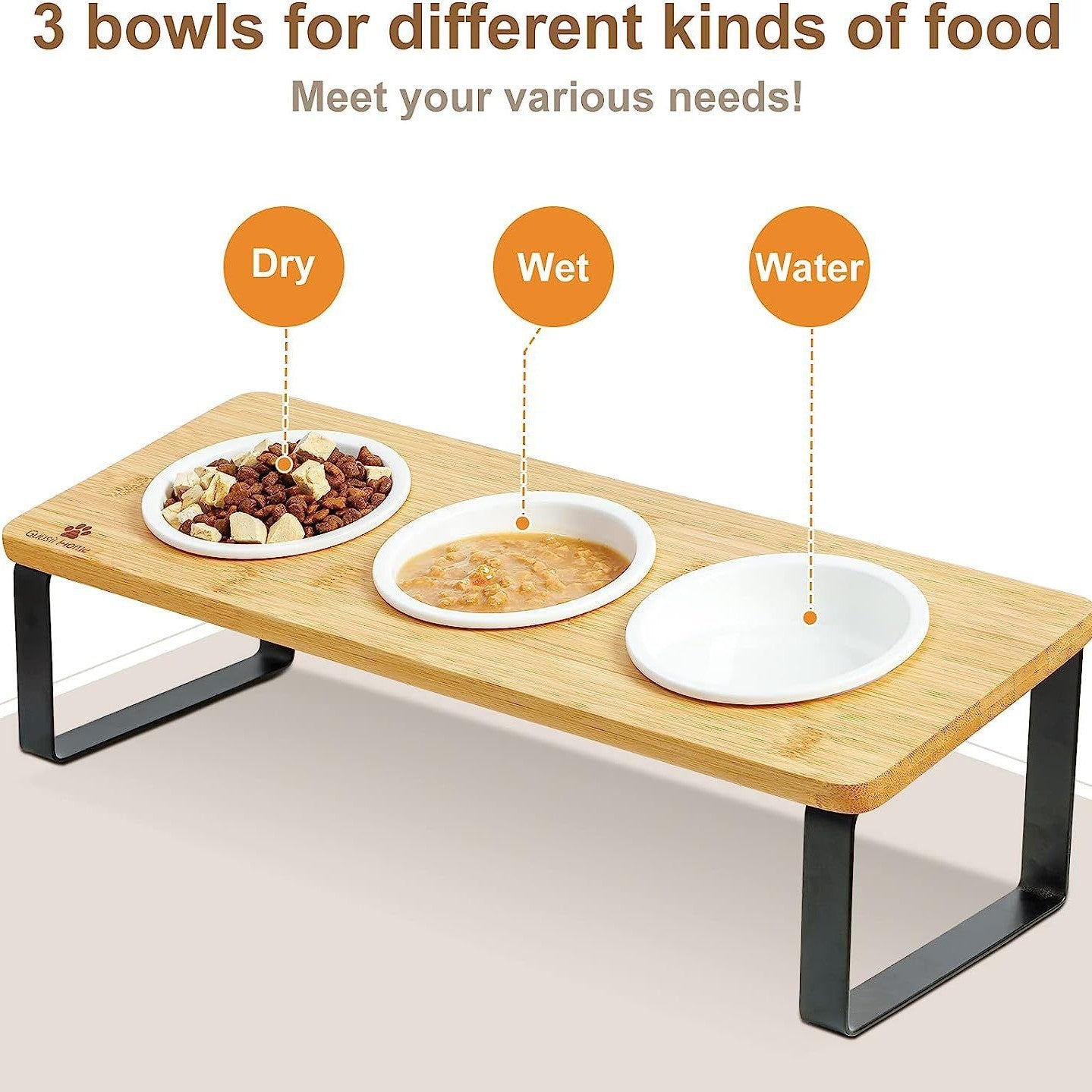 Elevated wooden cat feeding stand with three bowls, photo 2 of 5