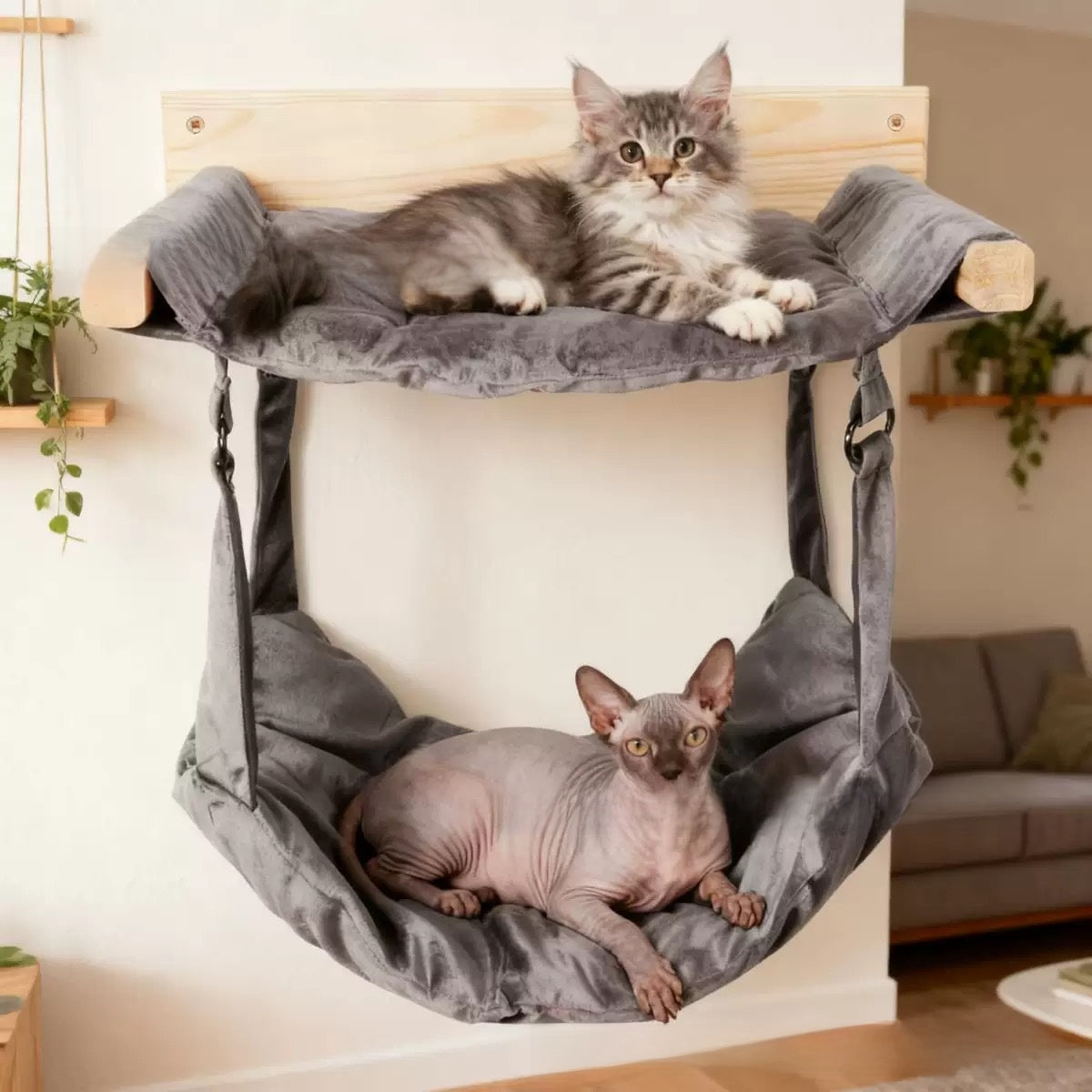 Modular wooden wall-mounted cat climbing frame in vintage finish