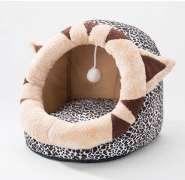 Semi-enclosed washable cat bed with cute animal print design, photo 19