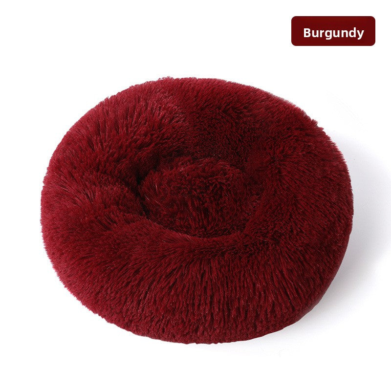 Plush round padded dog and cat bed in Wine Red