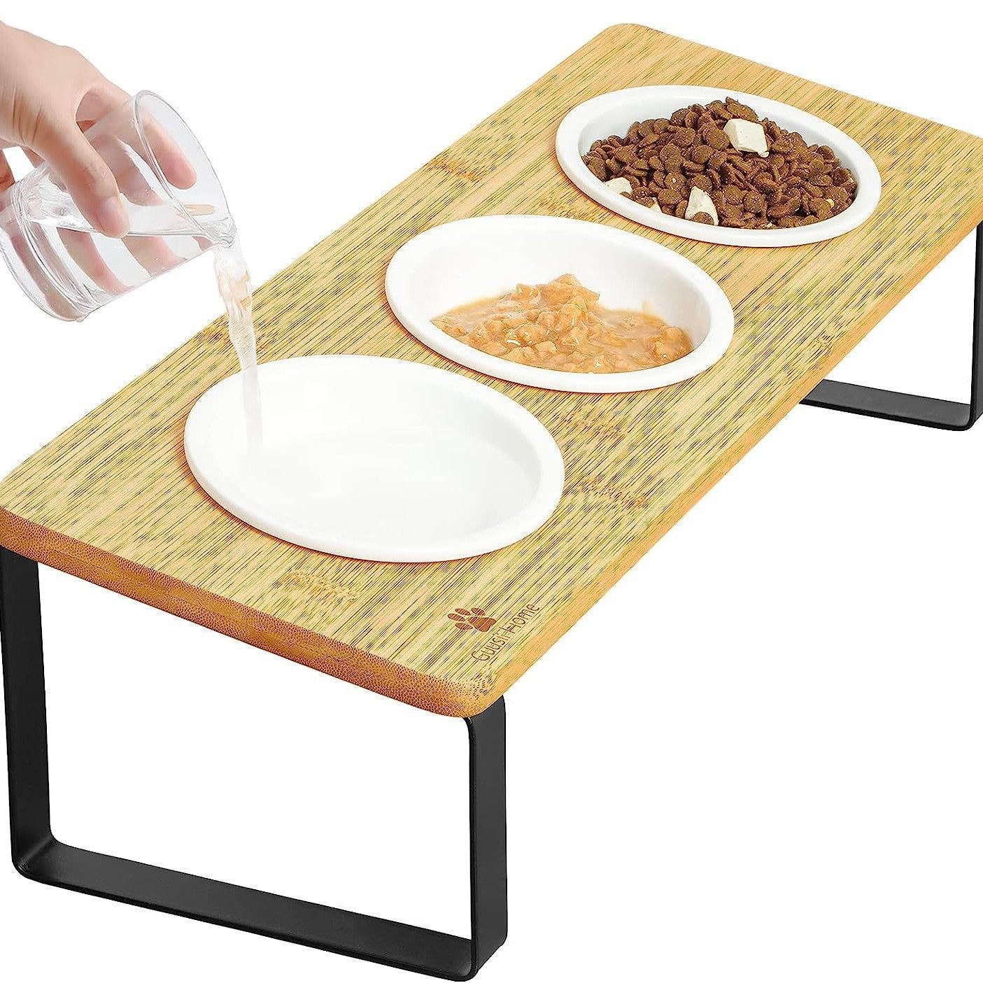 Elevated wooden cat feeding stand with three bowls, photo 5 of 5