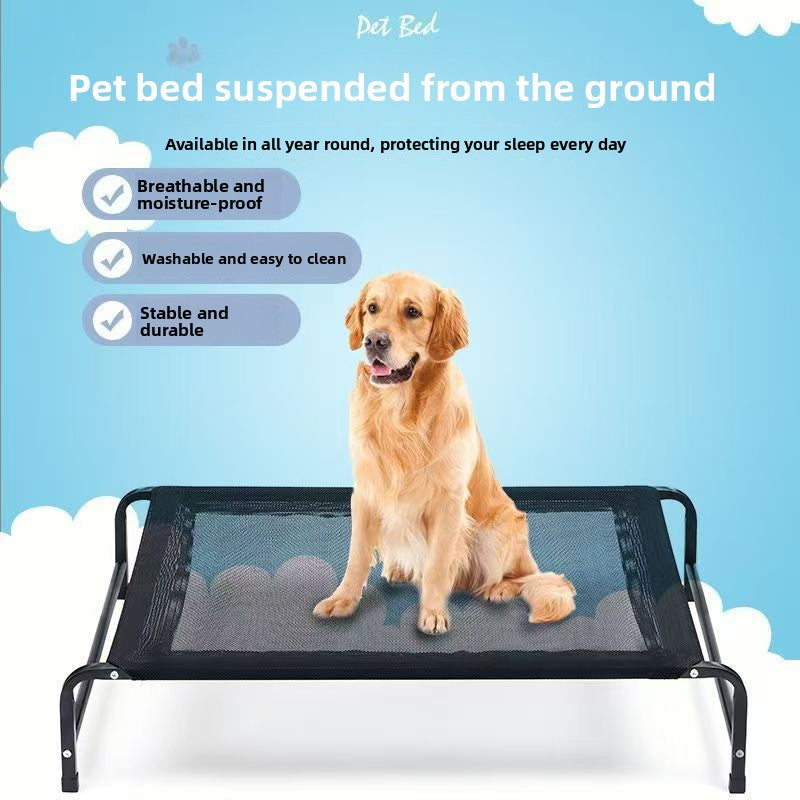 Raised dog cot with iron frame and breathable cover, alternative angle view