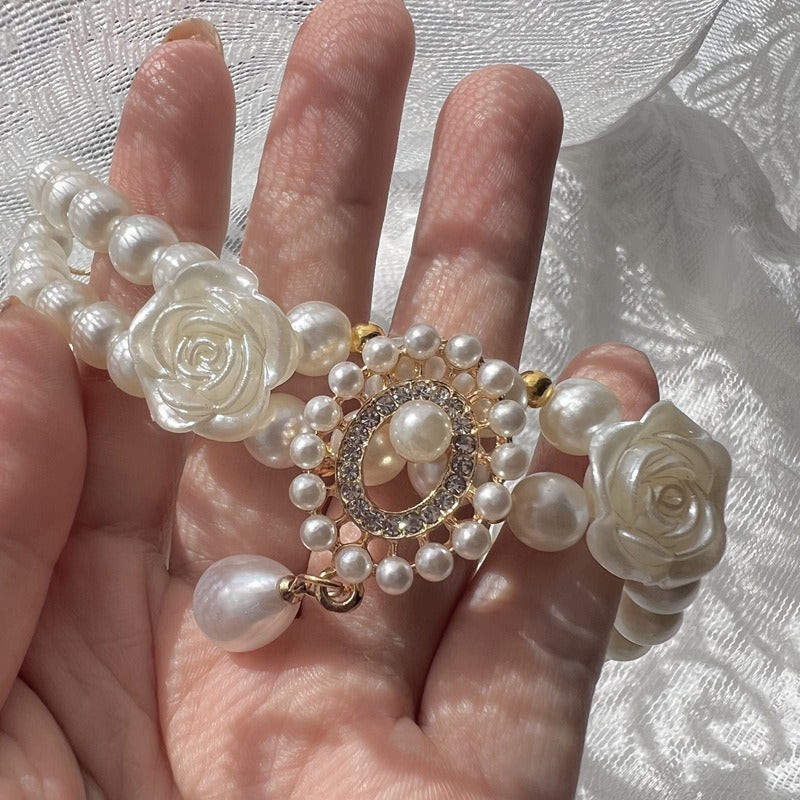 Double layer vintage pearl collar with gemstone flowers, product image 8