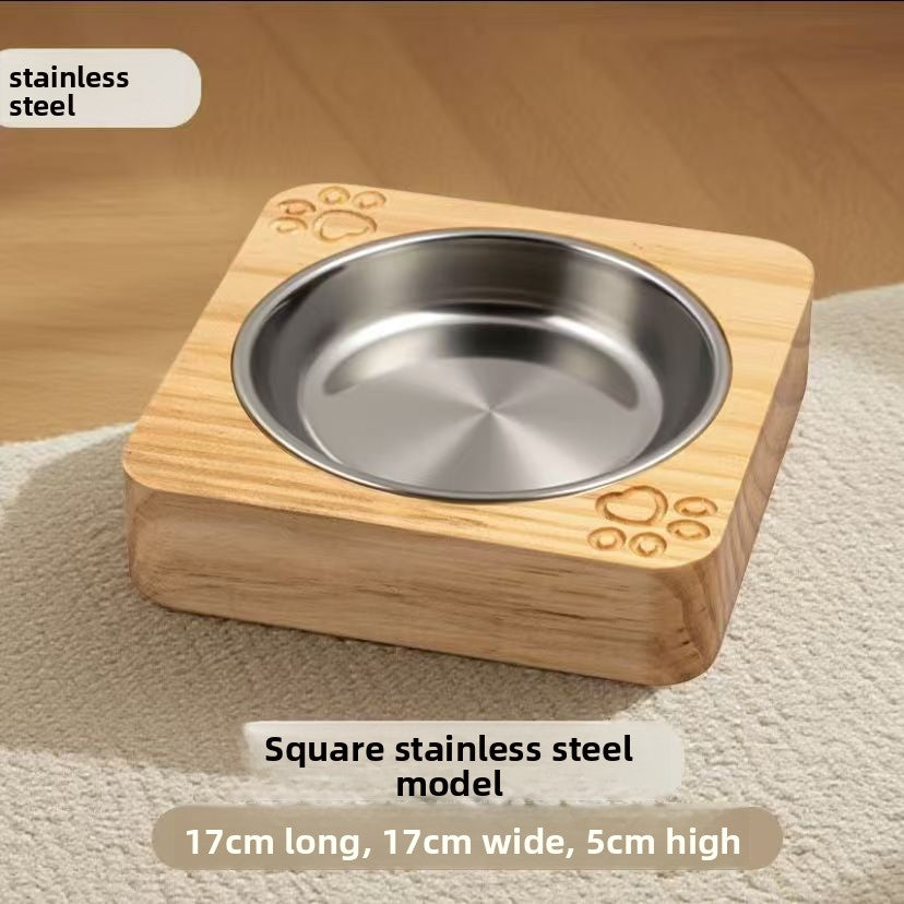 304 Stainless Steel Pet Bowl with Pine Wood Stand and Anti-Spill Neck Rim for Pets