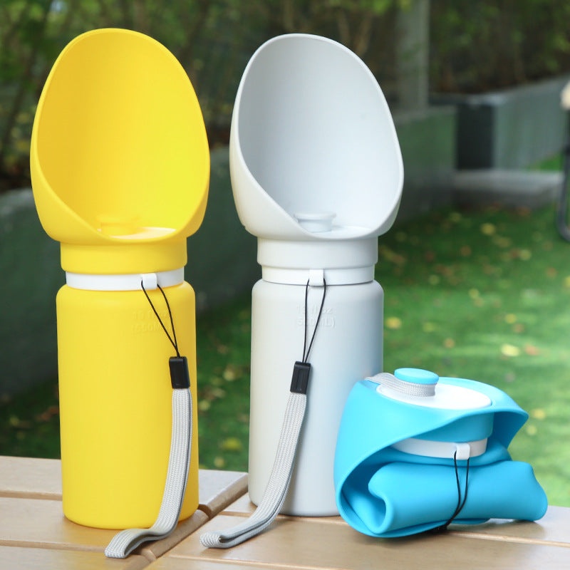 Foldable dog water bottle with silicone bowl in Light Grey, front view