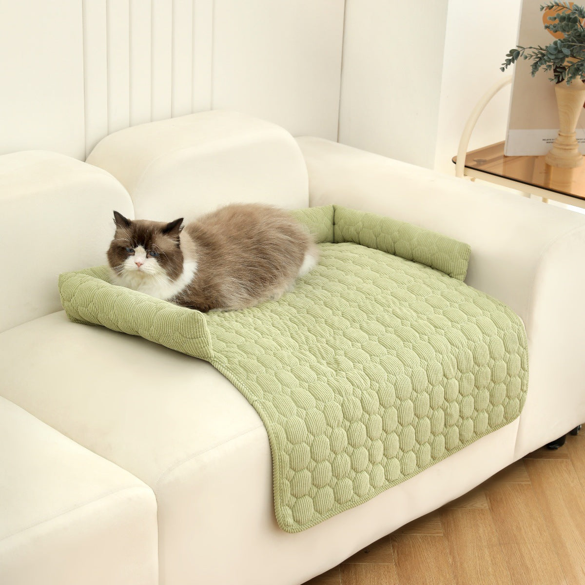 Corduroy pet sofa cushion for dogs and cats, close-up detail view