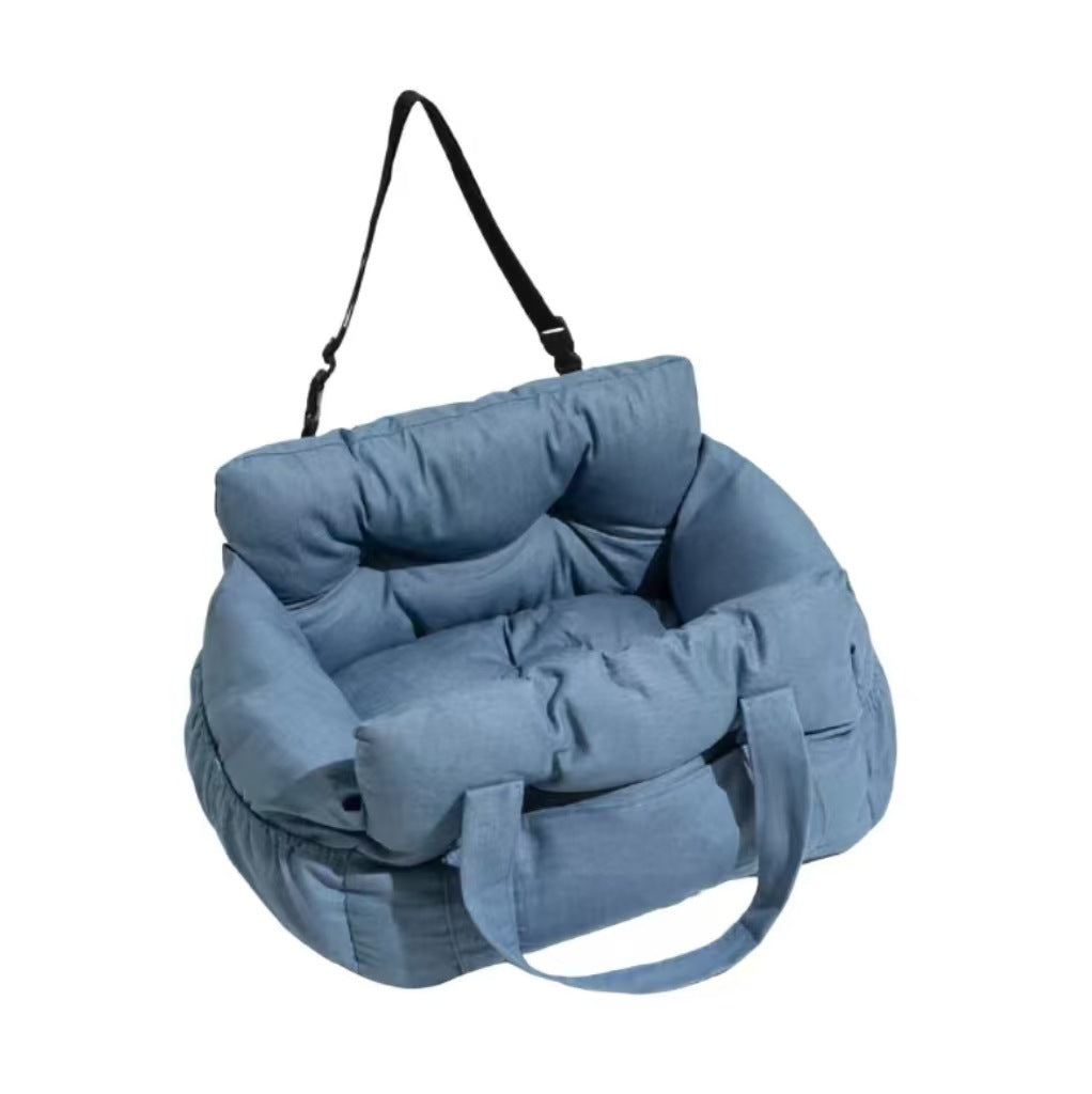 Dark grey padded dog car booster seat bed with strap, view 25