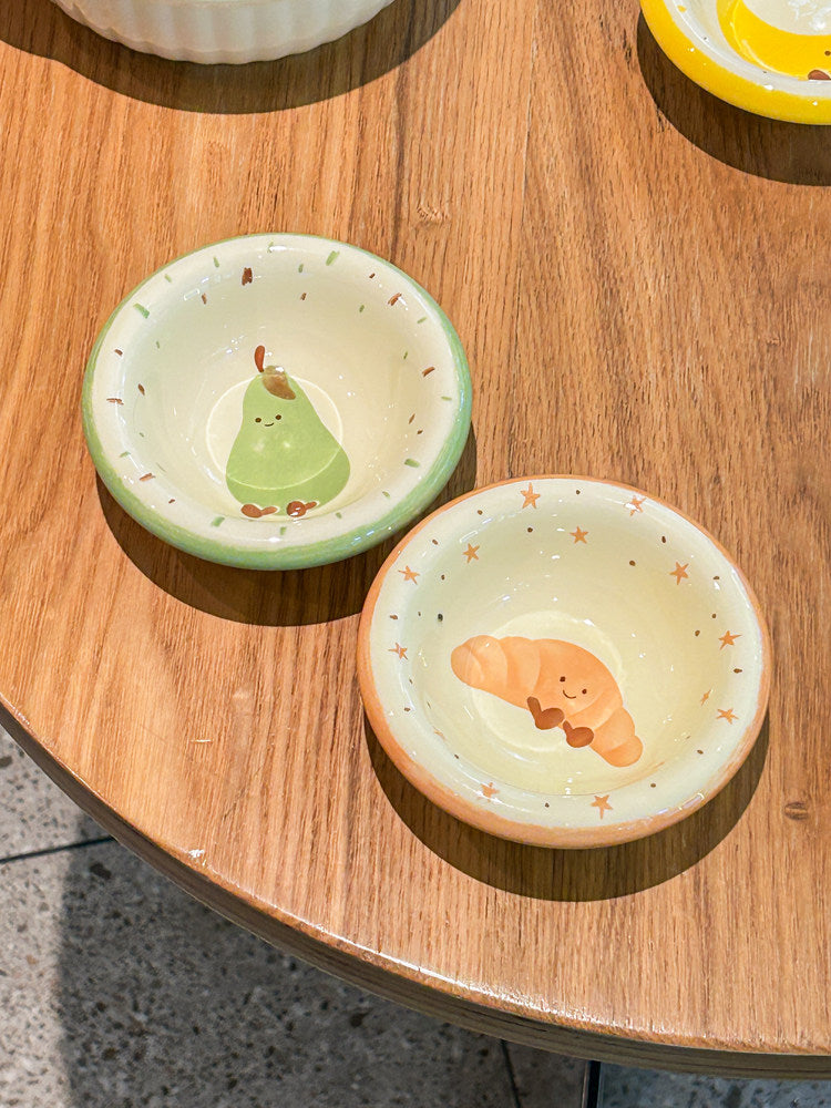 Fruit shaped ceramic pet bowls including banana and watermelon, view 1