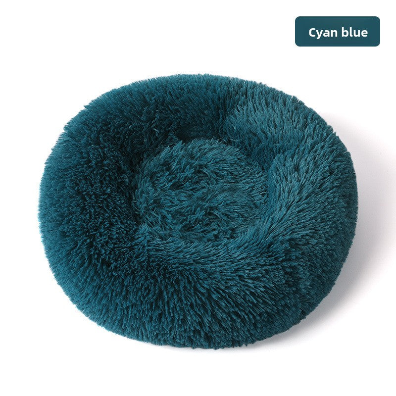 Plush round padded dog and cat bed in Cyan Blue