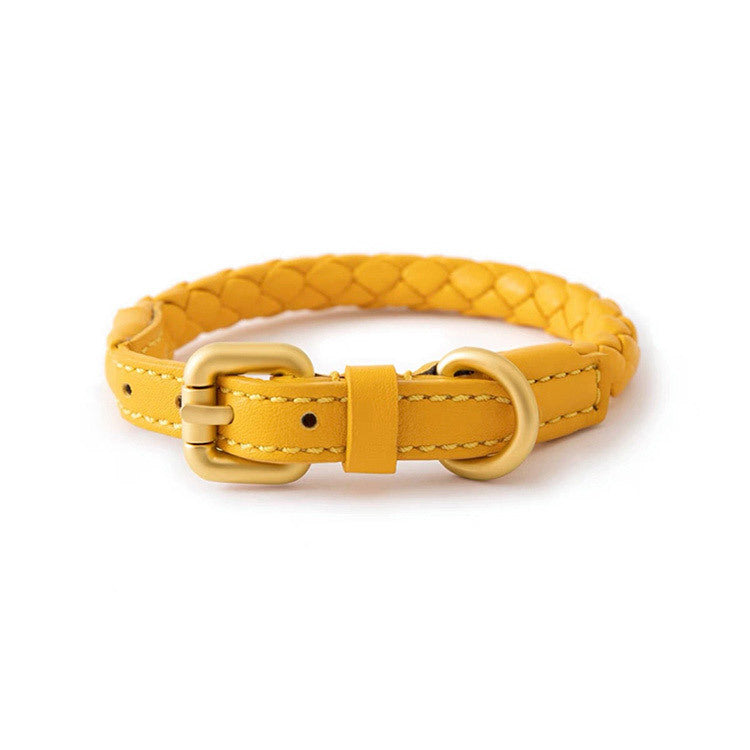 Plaited dog collar sets in amber orange, woad blue and grey