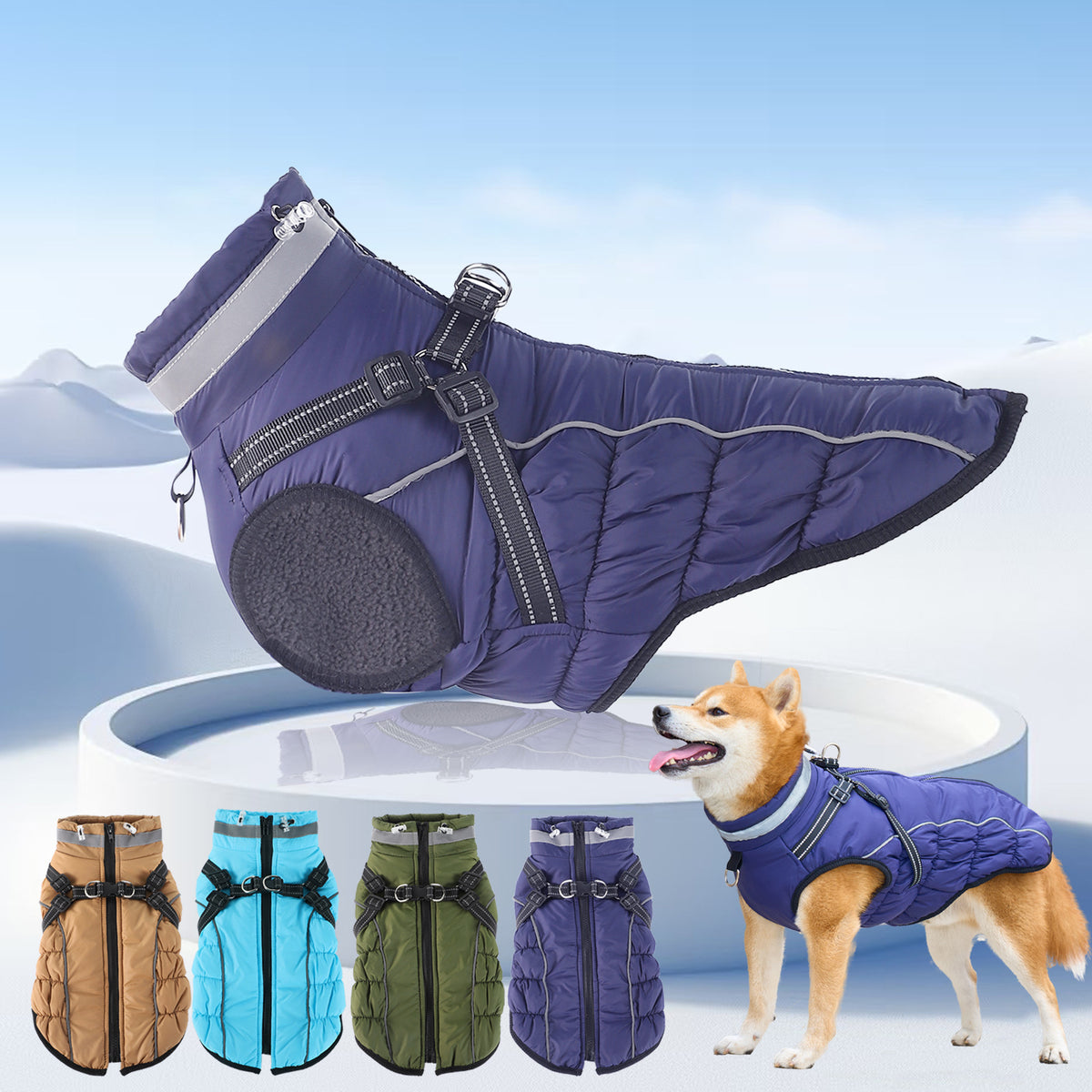 Fleece lined waterproof dog coat with reflective straps in Navy Blue, front view