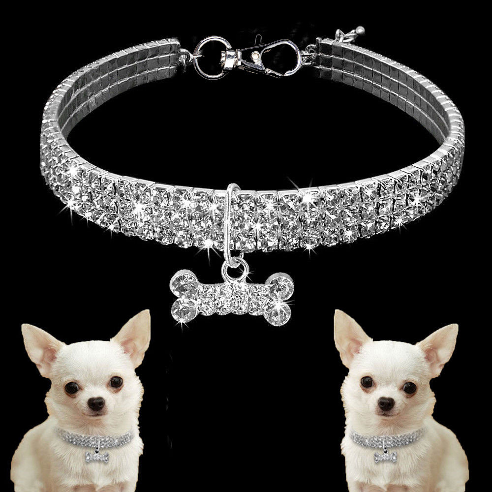Rhinestone elastic pet collar with charm in White Bone, close-up detail