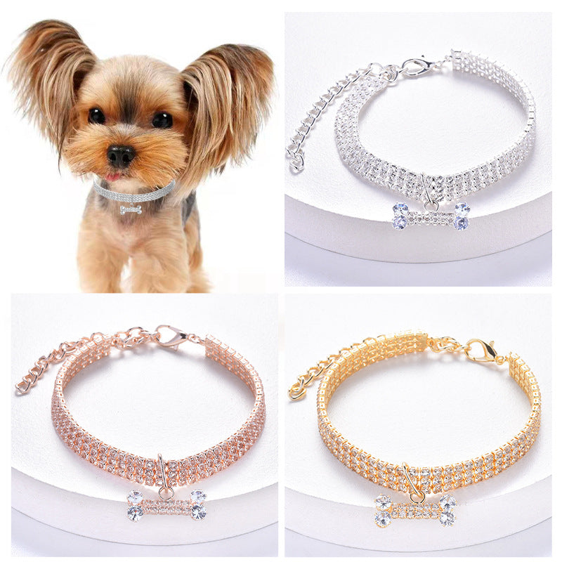 Rhinestone pet collar with bone charm, 3 sizes available
