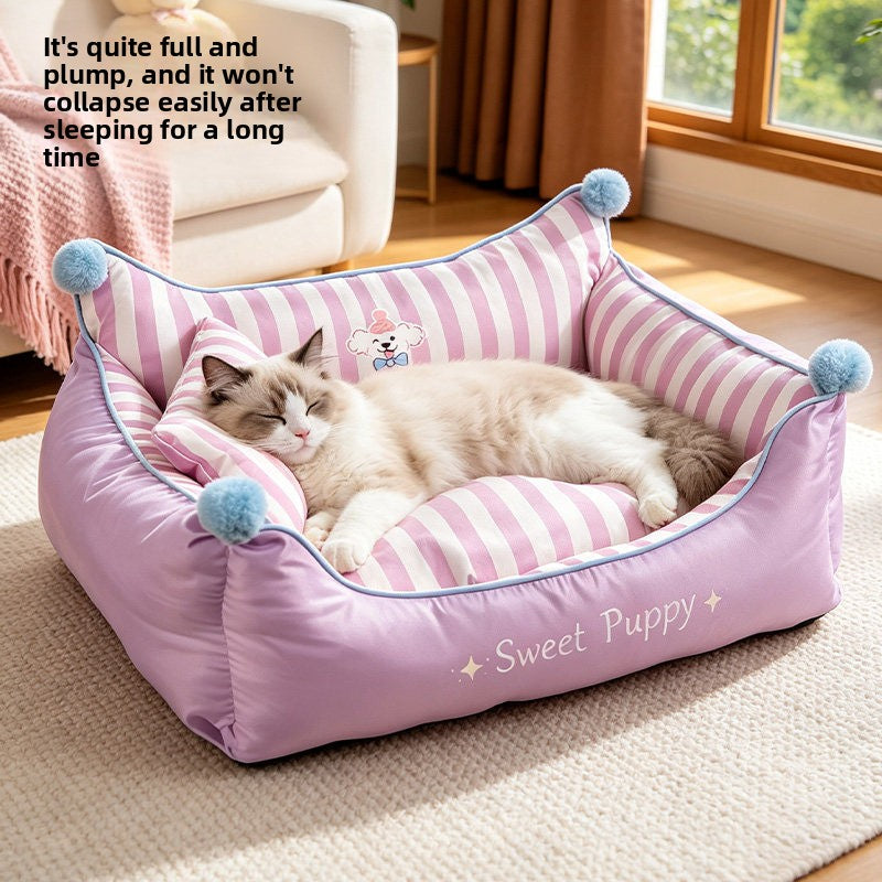Semi-enclosed sofa style cat bed with striped poodle print, product image 2