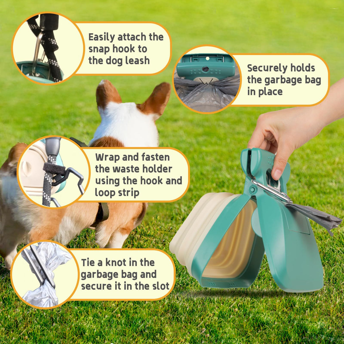 Foldable dog poop scooper with bag holder, shown in 8 colours and styles