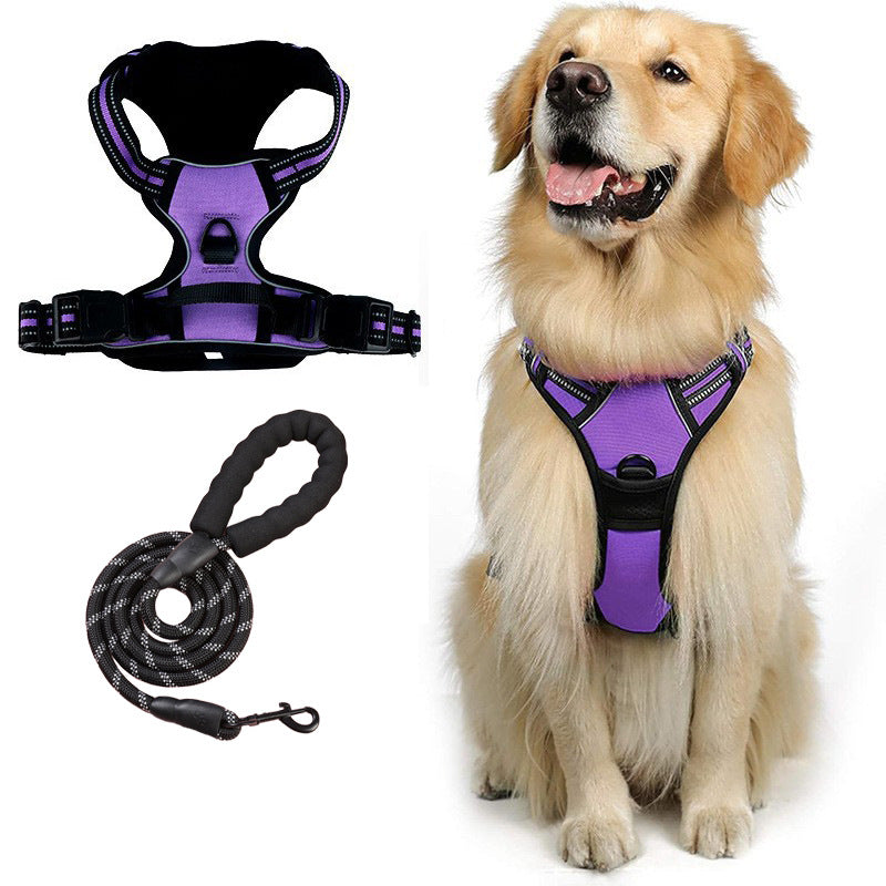 Reflective vest dog harness in black with matching rope lead