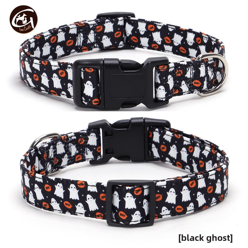 Halloween fabric dog collar with pumpkin print in Yellow Ghost, material detail