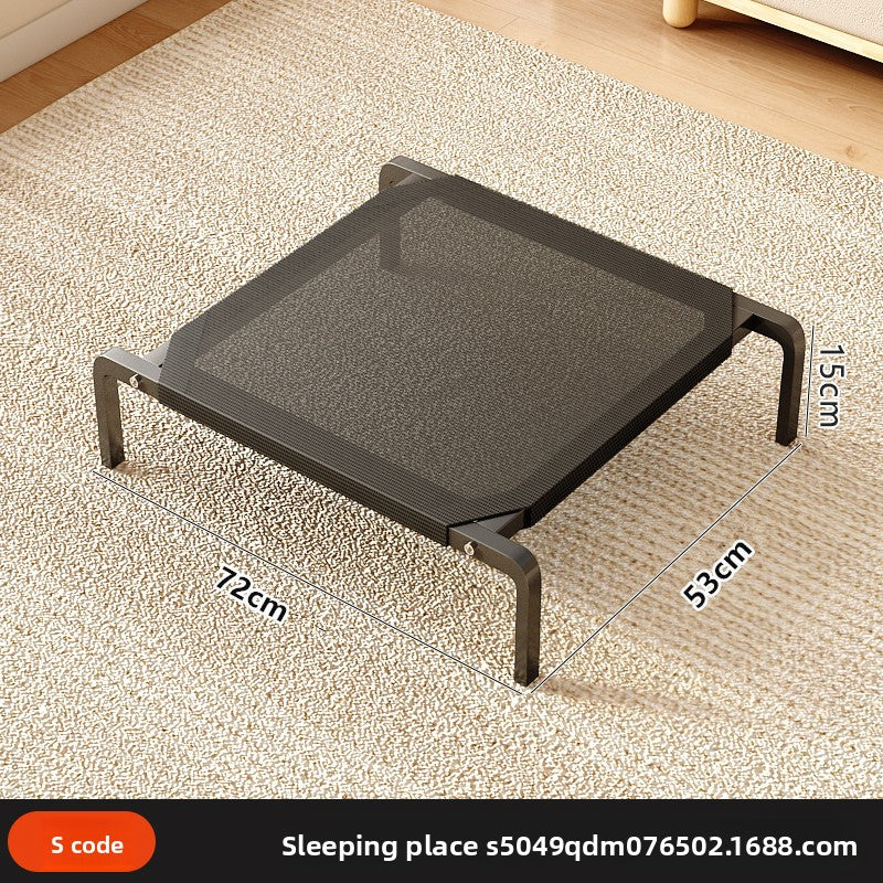 Elevated steel frame dog bed with black breathable mesh