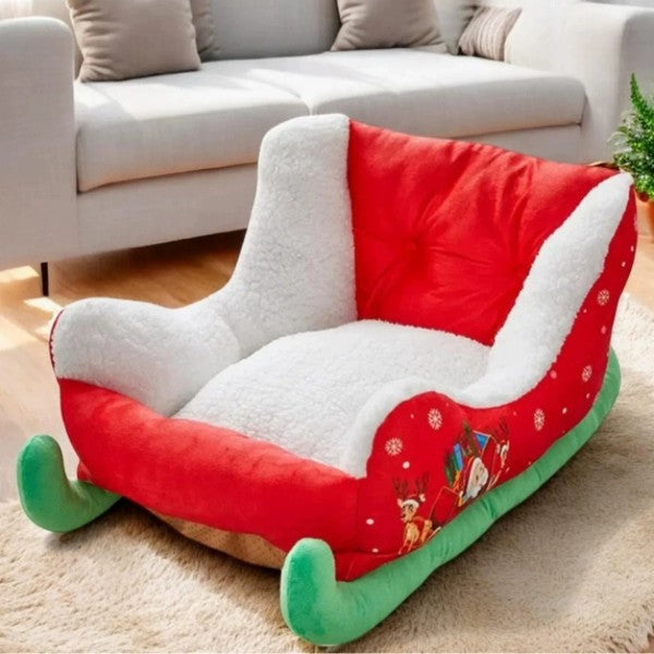 Sleigh-shaped Christmas plush dog bed with high sides in red