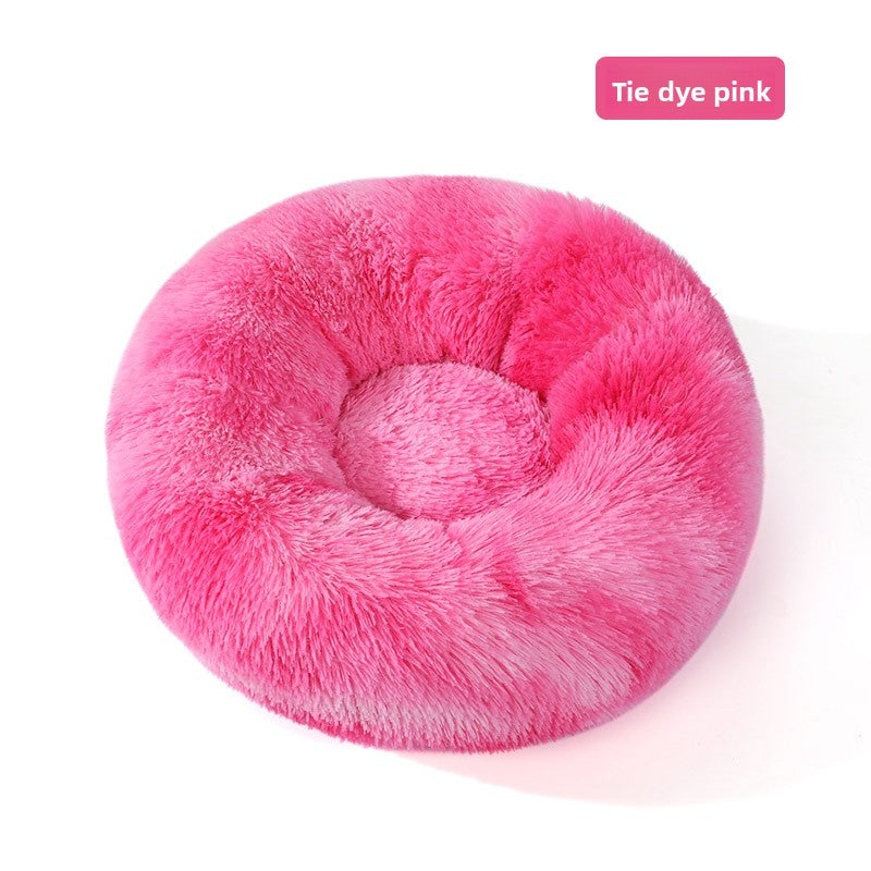 Plush round padded dog and cat bed in Tie-Dye Pink