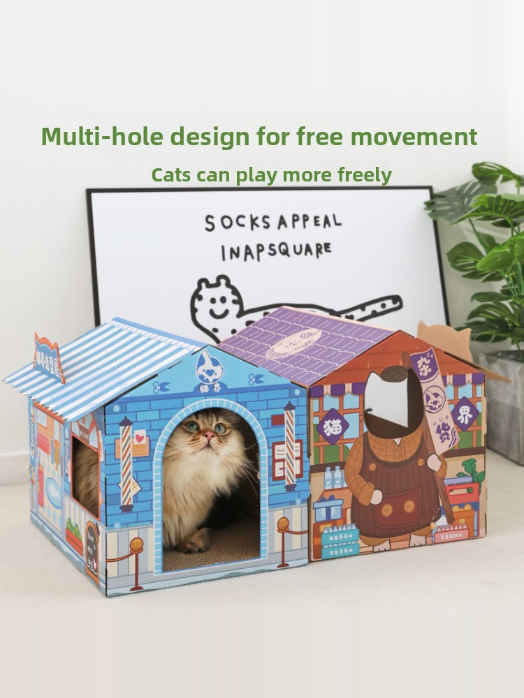 Cat scratching inside a themed cardboard scratcher house