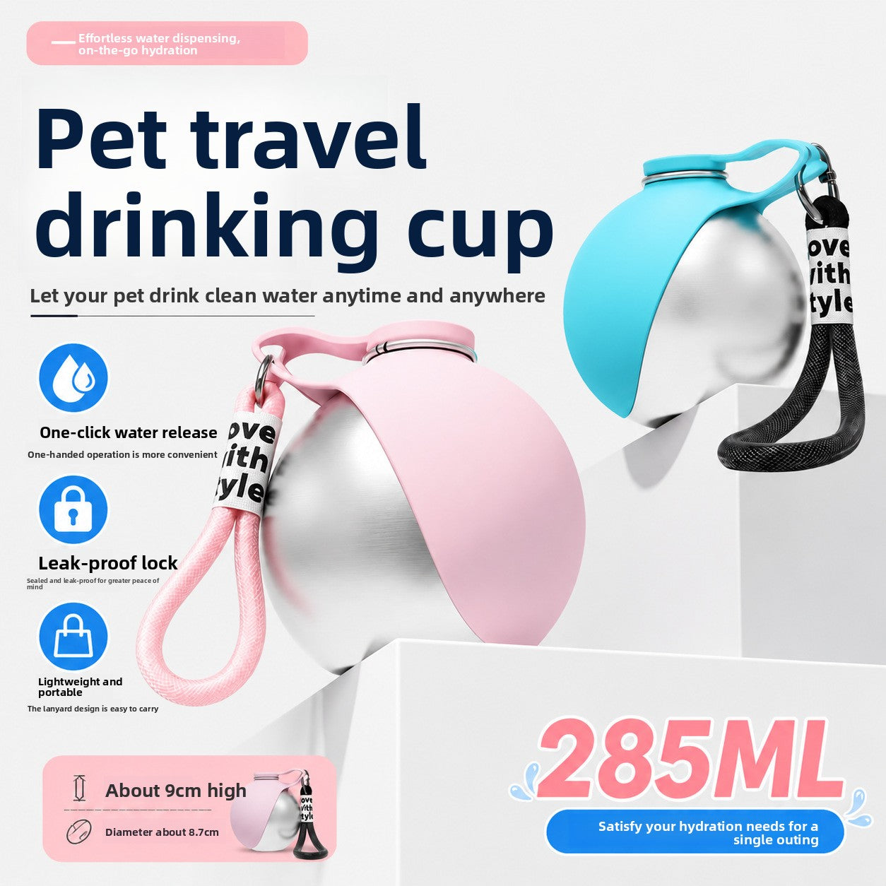 Foldable Stainless Steel Pet Travel Water Bowl with Hanging Rope Hook for Dogs