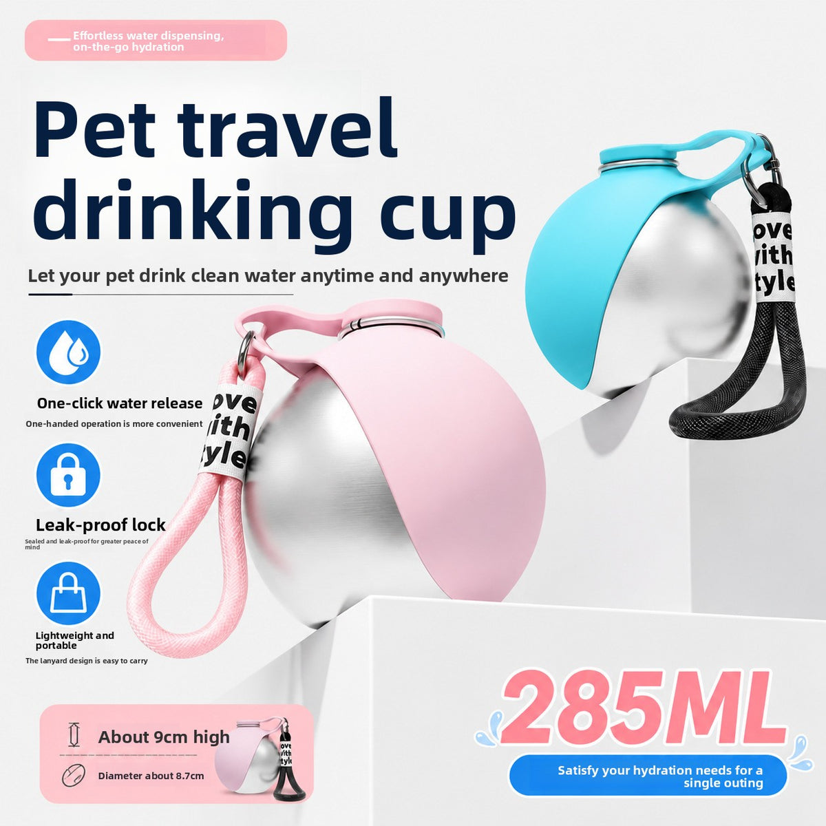 Foldable Stainless Steel Pet Travel Water Bowl with Hanging Rope Hook for Dogs