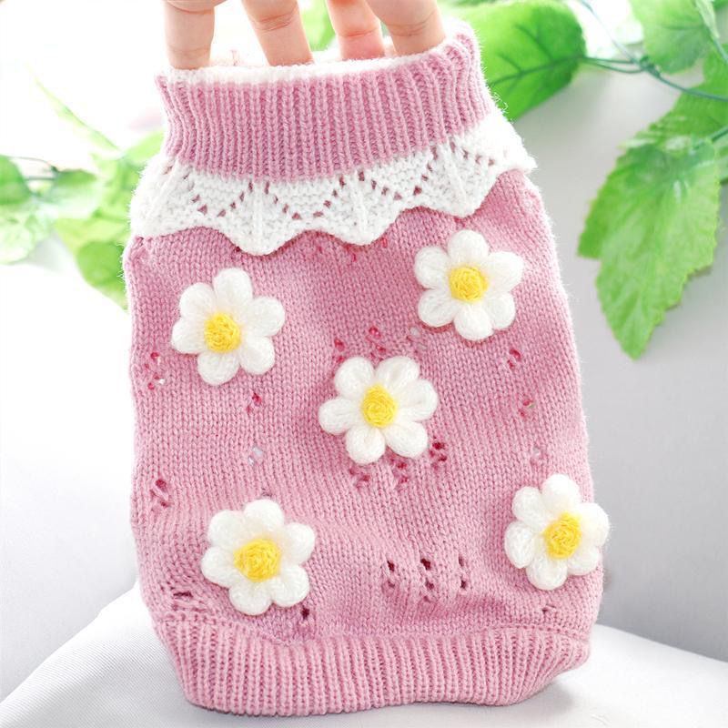 High collar knitted pet vest with floral embroidery, in use with a pet
