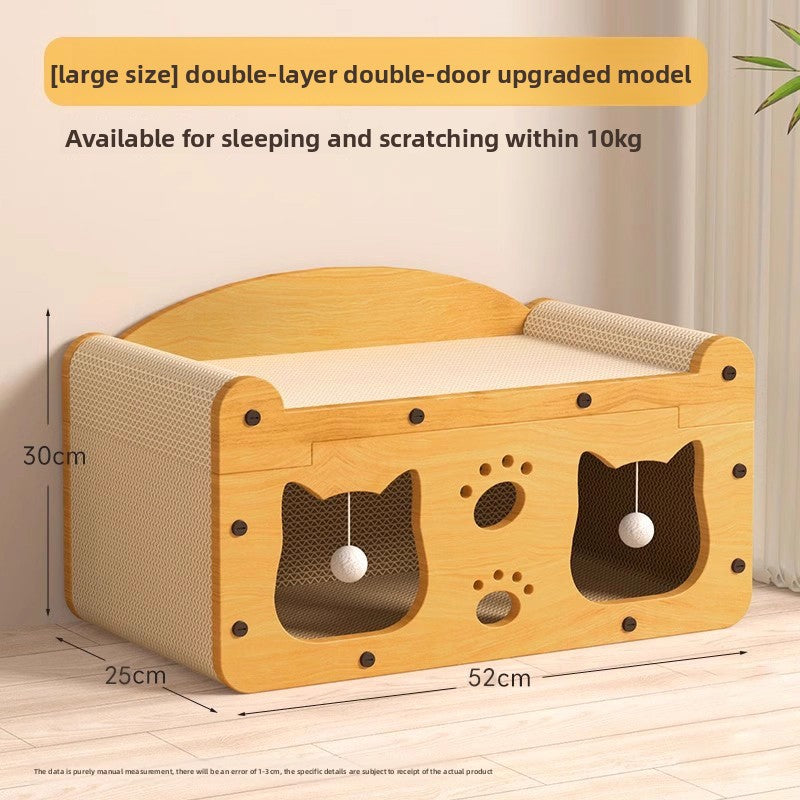 Two tier cardboard cat house with scratching board and play balls, view 8 of 14