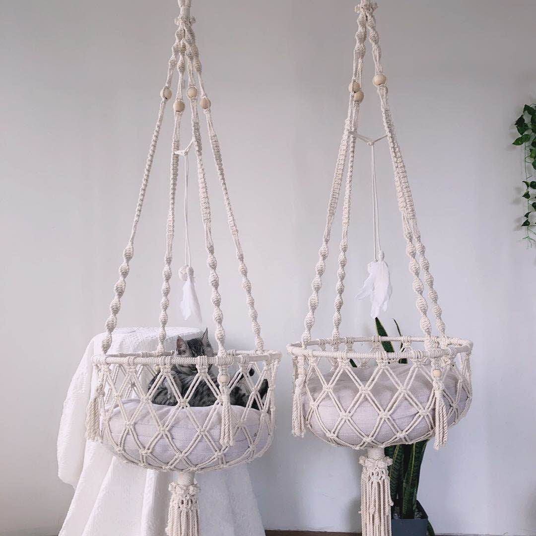 Cotton rope hanging cat basket bed boho style, detail photo 6