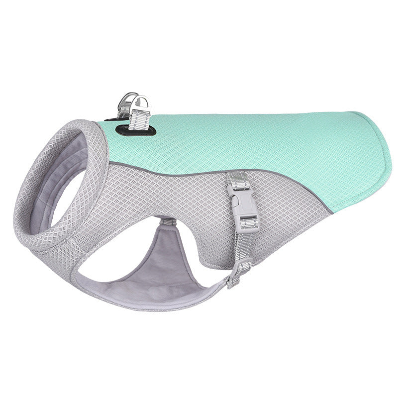 Dog wearing a blue breathable summer cooling vest