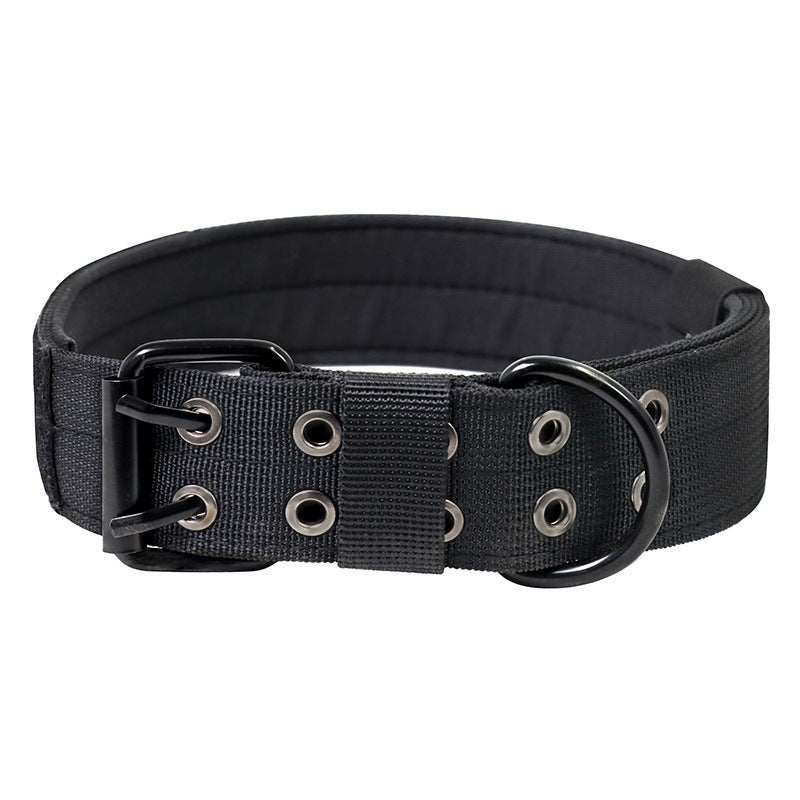 Tactical nylon dog collar with handle and reflective trim in black