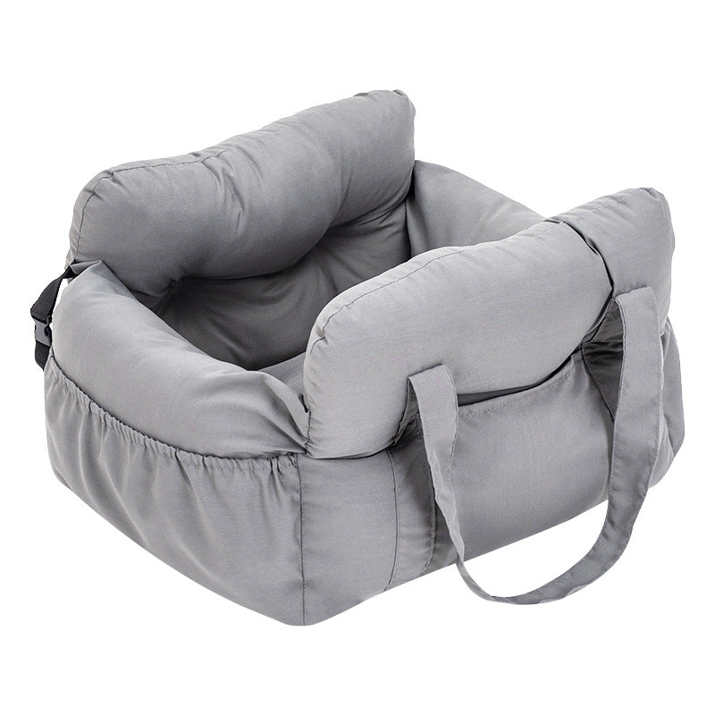Dark grey padded dog car booster seat bed with strap, view 5