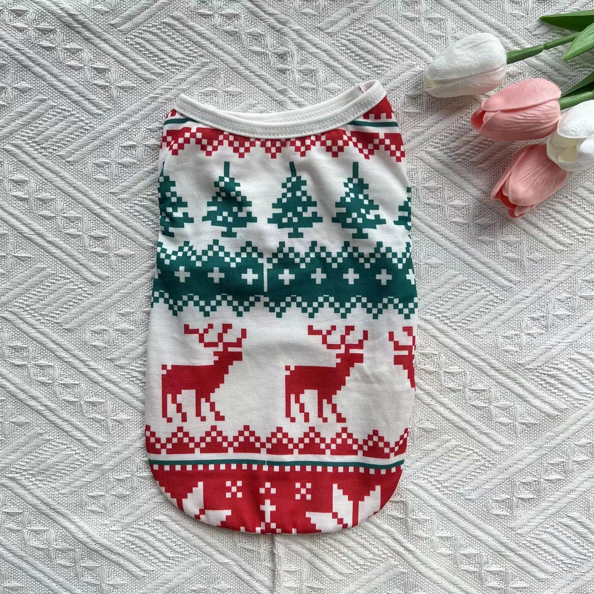 Lightweight Christmas dog vest in breathable polyester, in use with a pet