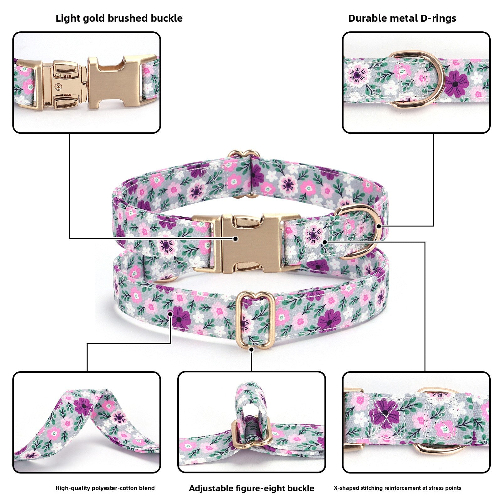 Floral fabric dog collar with gold buckle in Small Floral Collar, in a home setting