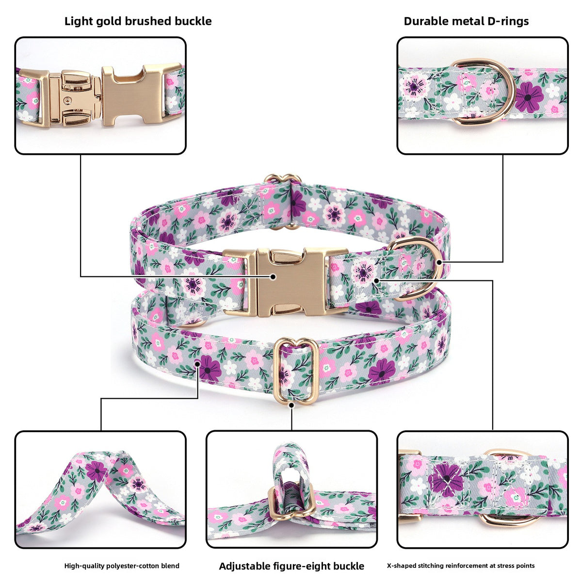 Floral fabric dog collar with gold buckle in Small Floral Collar, in a home setting