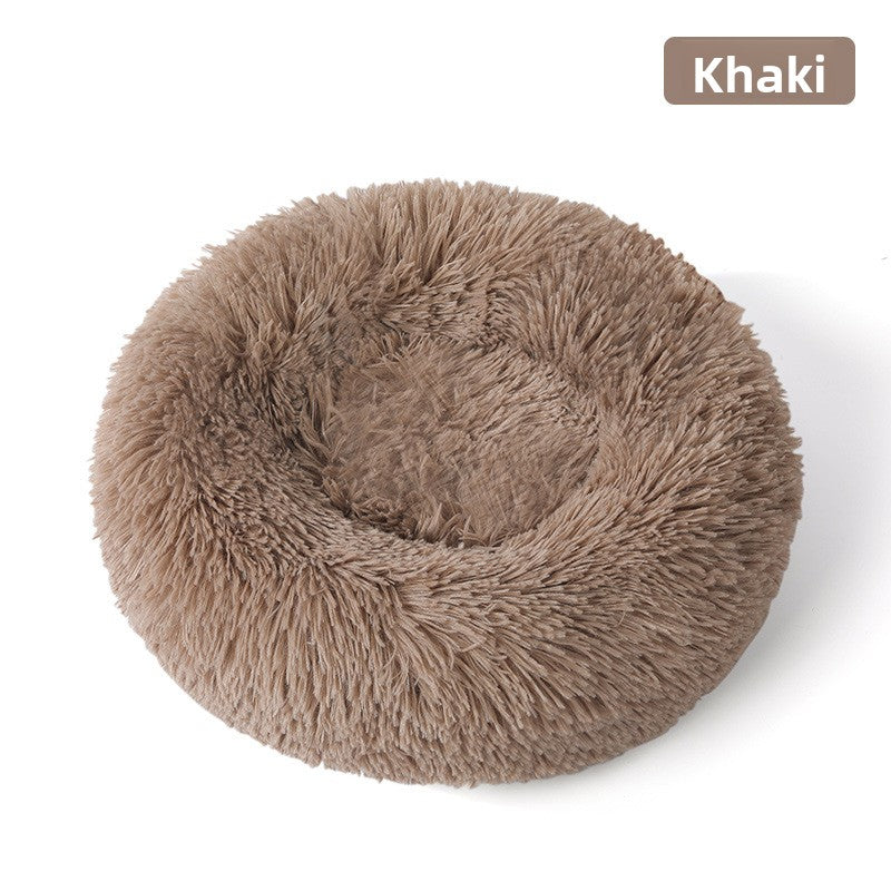 Plush round padded dog and cat bed in Khaki