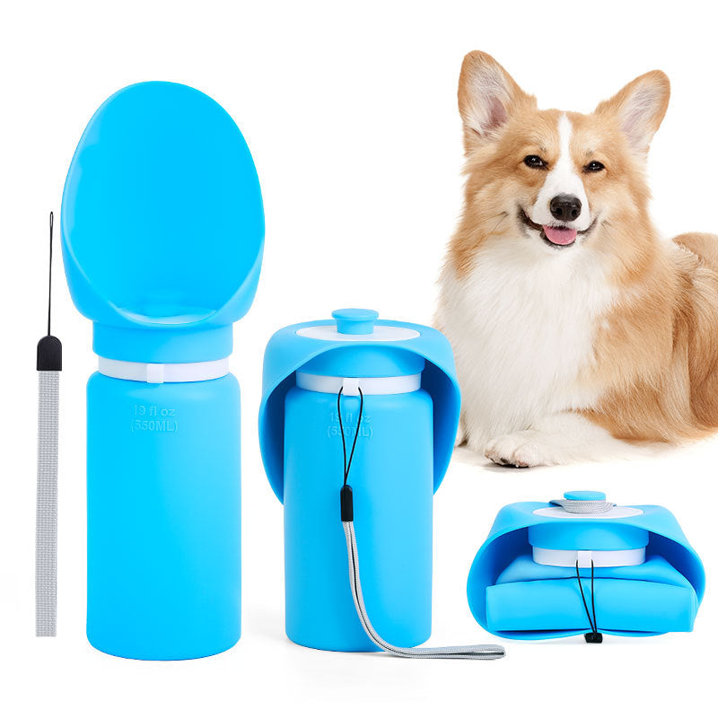 Foldable dog water bottle with silicone bowl in Blue, top view