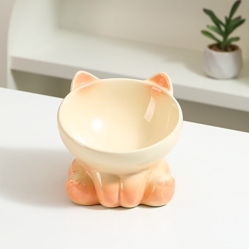 Ceramic Cat Bowl with Angled Mouth and Reaching Hand Designs, Easy-Clean Pet Food Dish